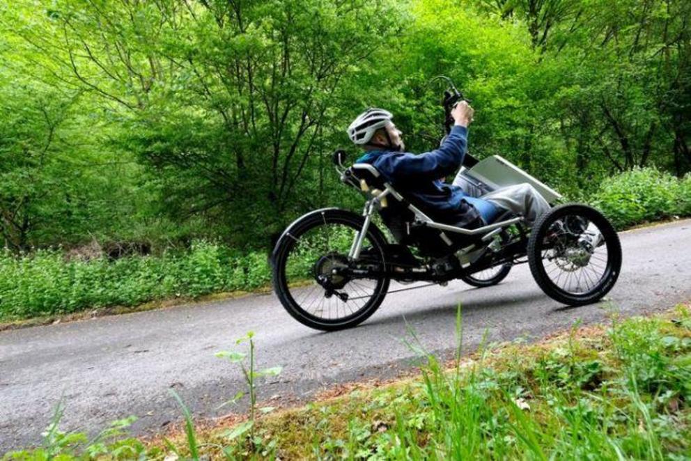 Patient Sebastian Tobler was in a mountain-biking accident in 2013 that left him with complete paralysis in both legs, but he now uses an adapted tricycle.