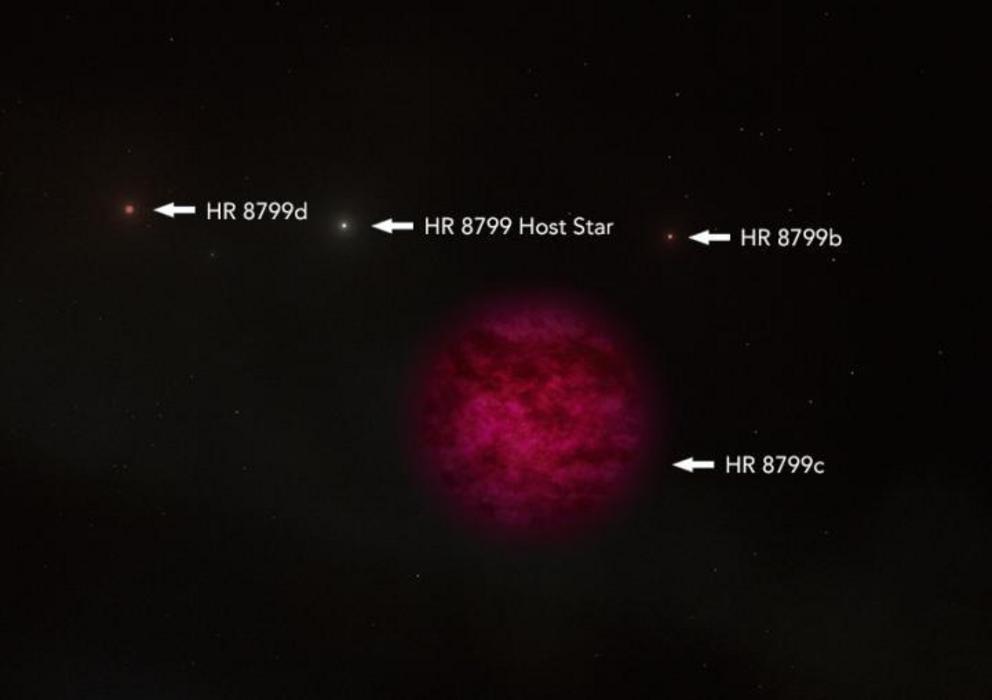 An artist’s illustration of the exoplanet HR 8799c. It’s about 7 times as massive as Jupiter and scientists have confirmed the presence of water in its atmosphere.