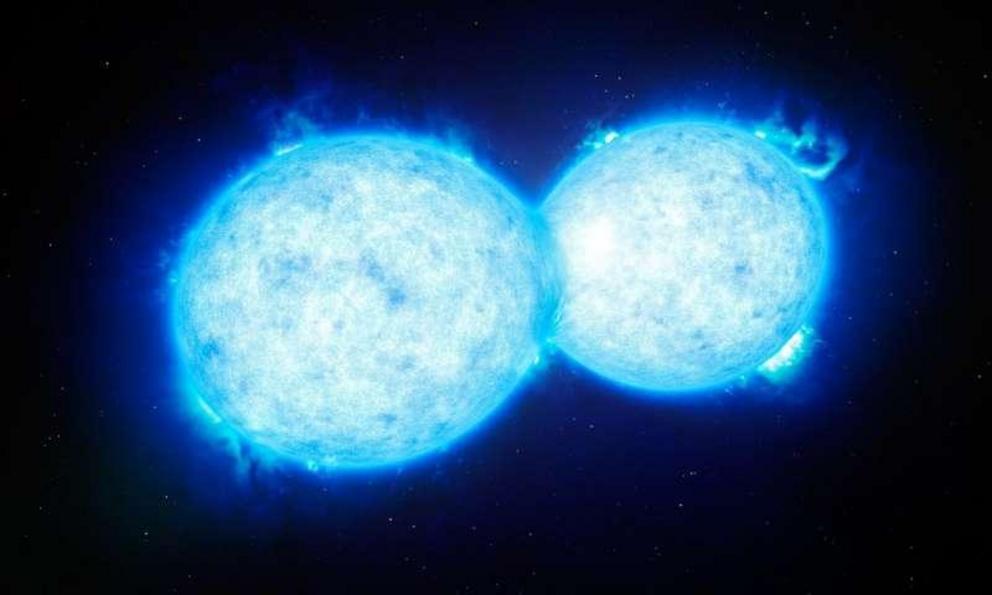 This artist’s impression shows VFTS 352 — the hottest and most massive double star system to date where the two components are in contact and sharing material. The two stars in this extreme system lie about 160 000 light-years from Earth in the Large Mage
