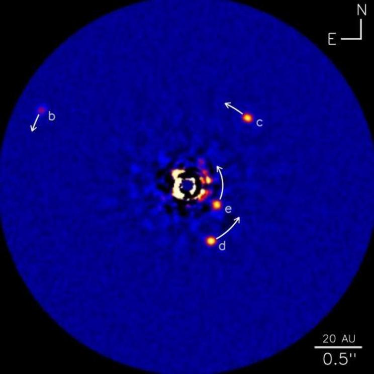 The HR 8799 system contains the first exoplanet be directly imaged.