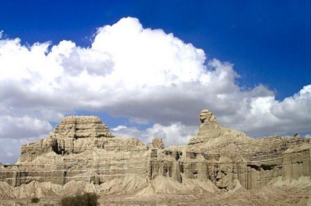 Ruins of what could be a sphinx and temple structures in southern Pakistan