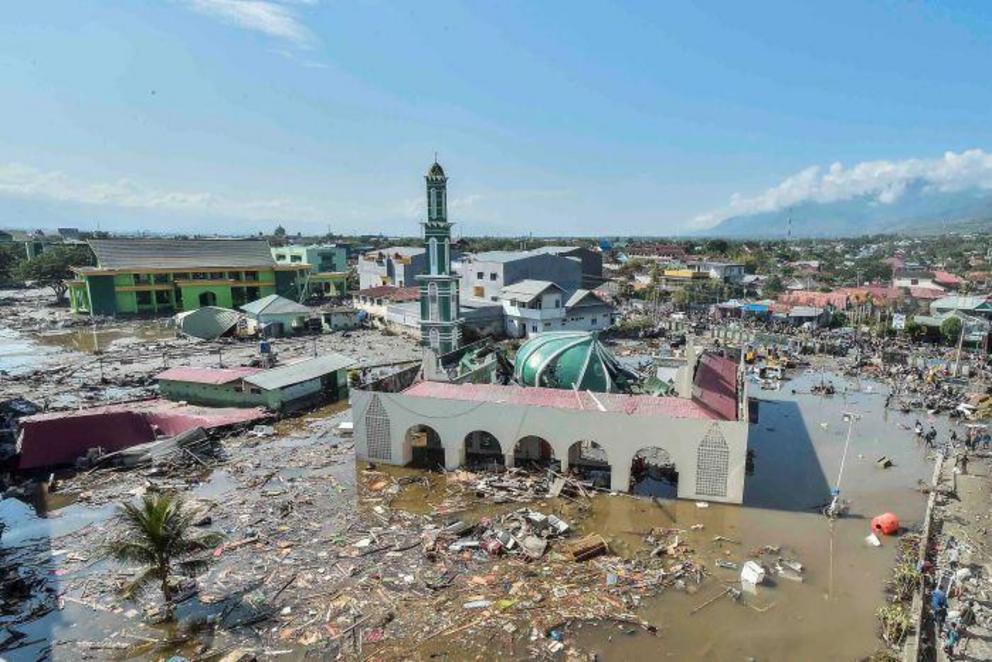Many buildings, including this mosque in Palu, were destroyed by the tsunami.