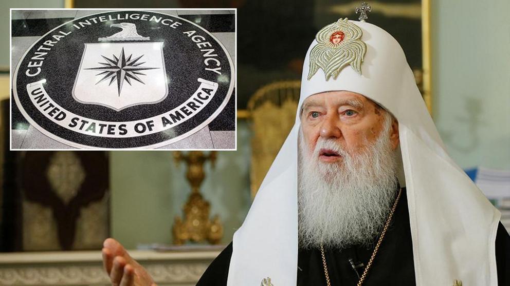 Patriarch Filaret and the CIA logo. © REUTERS / Valentyn Ogirenko; © Reuters / Jason Reed JIR 