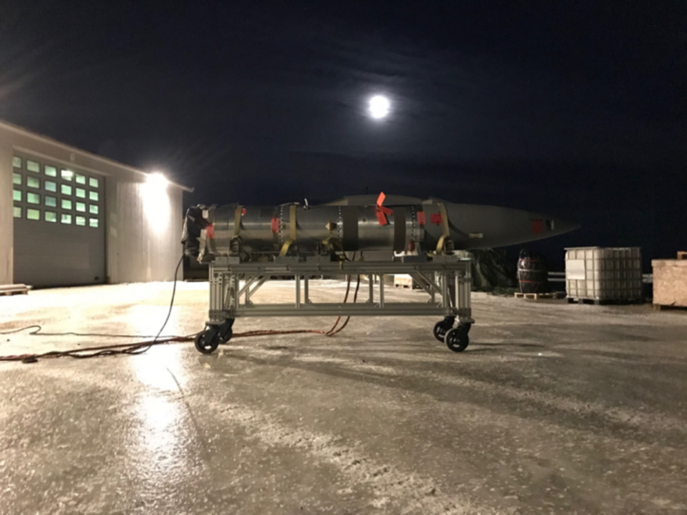 One of the sounding rockets prior to launch. Even though they’re small, they’re still sophisiticated pieces of equipment that require detailed preparation for their mission.