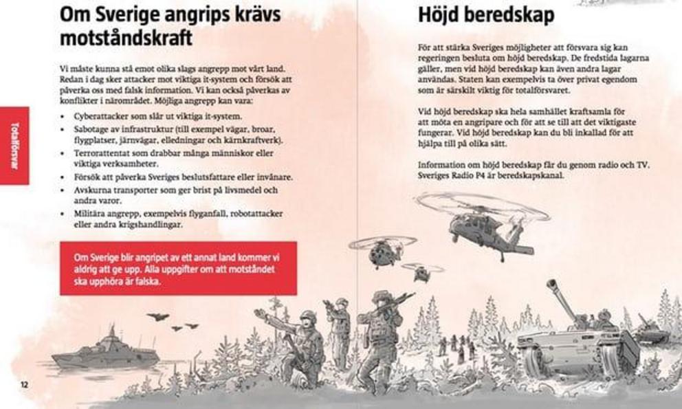 The new pamphlet prepares the population for cyber and terror attacks and climate change, and includes a page on identifying fake news. Photograph: DinSäkerhet.se 