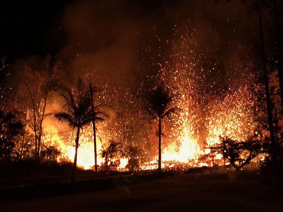 A new fissure erupted near fissures 2 and 7, beginning with small lava spattering at about 8:44 p.m. on Saturday. By 9 p.m., lava fountains as high as about 230 feet were erupting from the fissure.