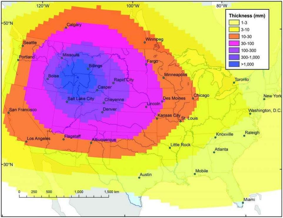 The approximate ash coverage after one month of a supereruption.