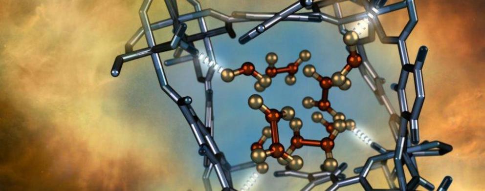 Illustration of a nitrogen dioxide molecule (depicted in red and gold) confined within a nano-size pore of an MFM-300(Al) metal-organic framework material as characterized using neutron scattering at Oak Ridge National Laboratory.  Credit: ORNL/Jill Hemma