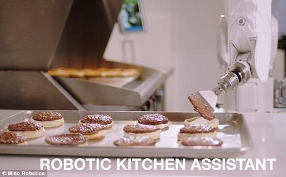 Flippy the burger-flipping robot was developed by Miso Robotics and uses artificial intelligence to flip burgers on a grill. It then places the patties on a rack when they're done