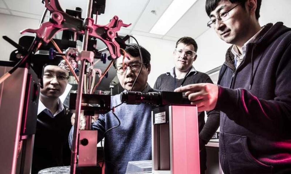 (Left to right) University of Wollongong researchers Zhenwei Yu, Xiaolin Wang, David Cortie and Frank Fei Yun discovered the heartbeating effect in liquid gallium.