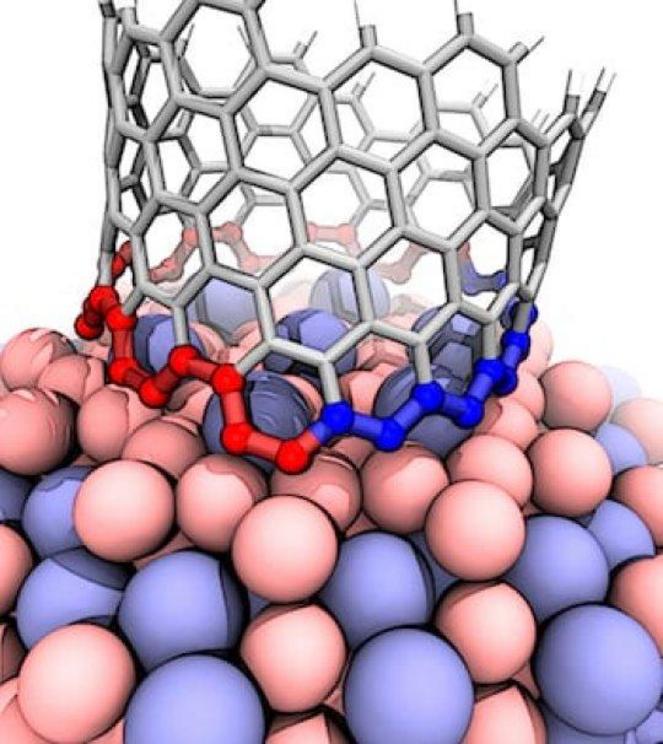 This illustration shows the interface between a growing carbon nanotube and a cobalt-tungsten catalyst. The atomic arrangement of the catalyst forces the nanotube to quickly transition from zigzag (blue) to armchair (red), which ultimately grows a nanotub