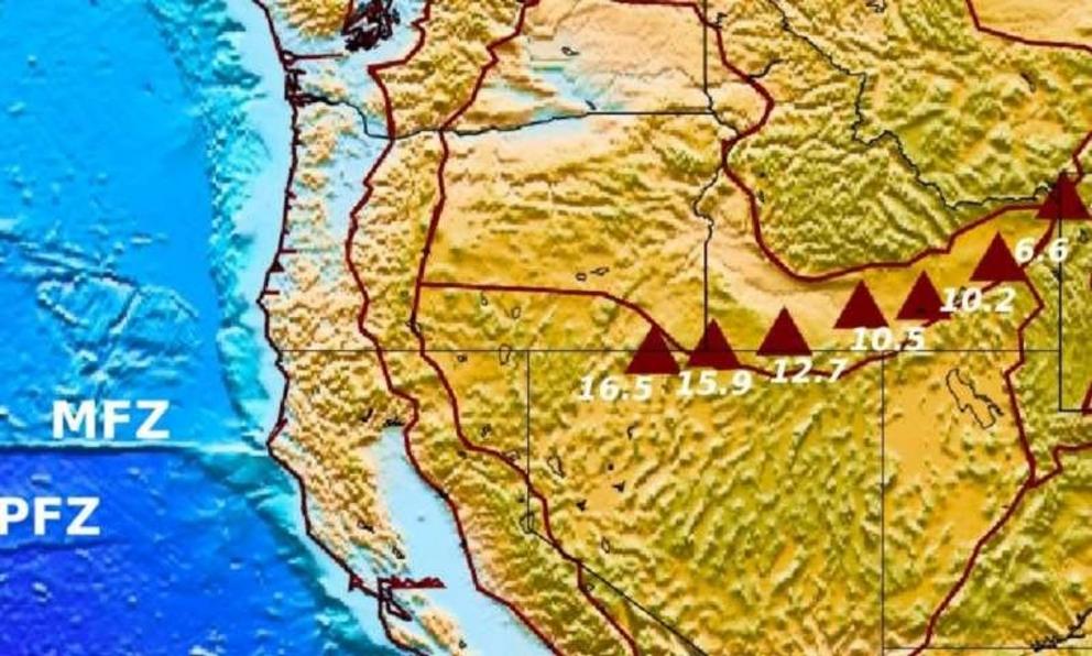 This is the location of the Yellowstone's hotspot track. The triangles indicate general locations of the Yellowstone and Snake River Plain age-progressive volcanoes with ages shown in millions of years, plotted on a topography map of the Western United St