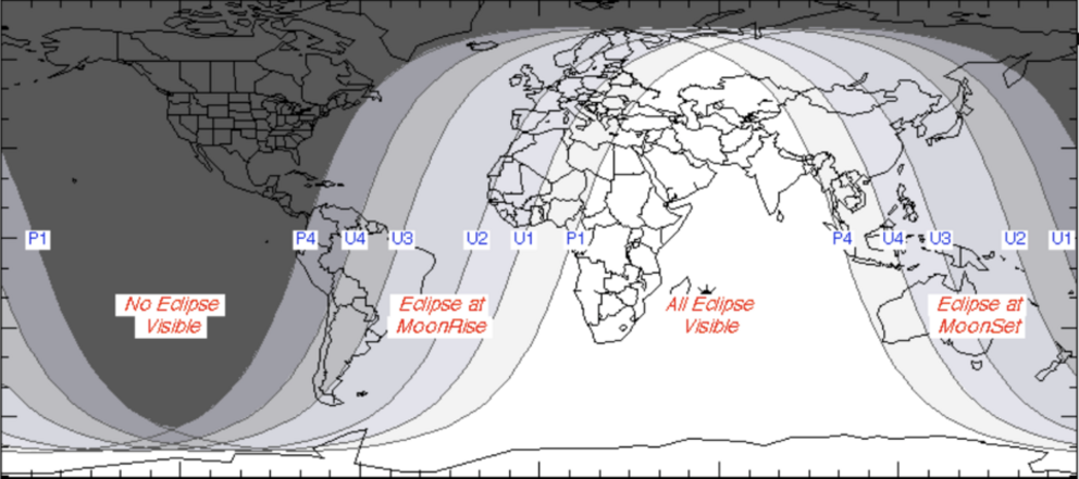 A map of locations where the total lunar eclipse of July 27 and 28, 2018, will be visible.