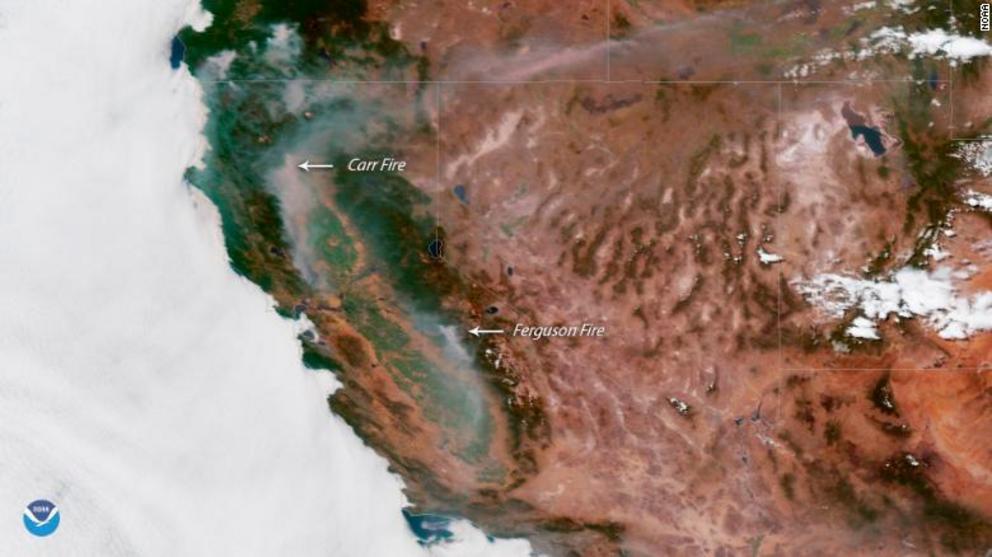 Smoke from the Carr and Ferguson fires can be seen in satellite images.