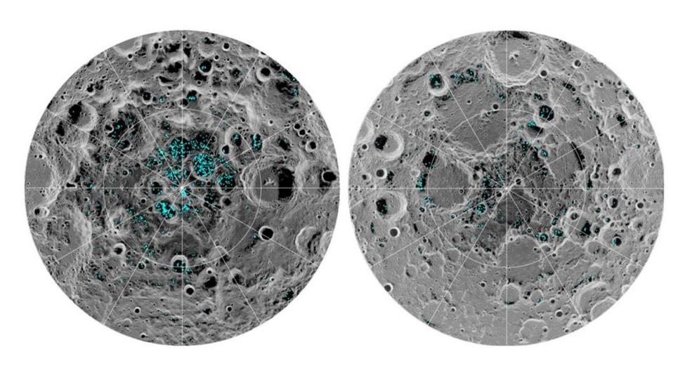 Ice has been seen at the moon's south pole (left) and north pole. Pic: NASA