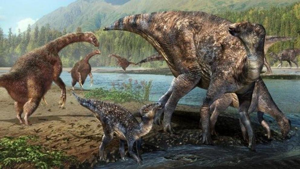 An artist's imagining of therizinosaurs (left) and hadrosaurs (right) living side-by-side in ancient Alaska