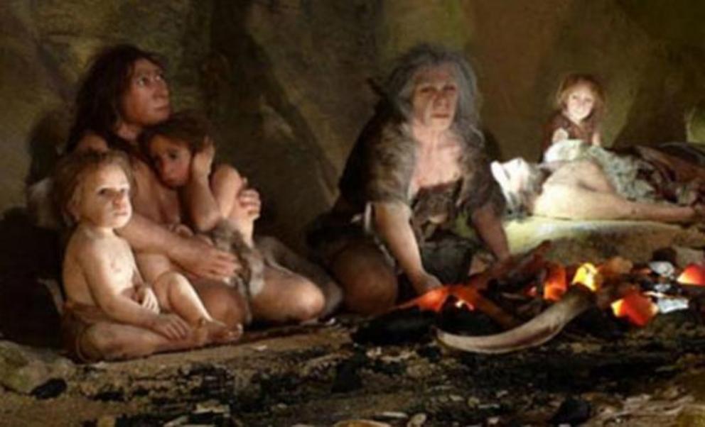 Depiction of a Neanderthal family. An exhibit at the Neanderthal Museum in Krapina, Croatia. 