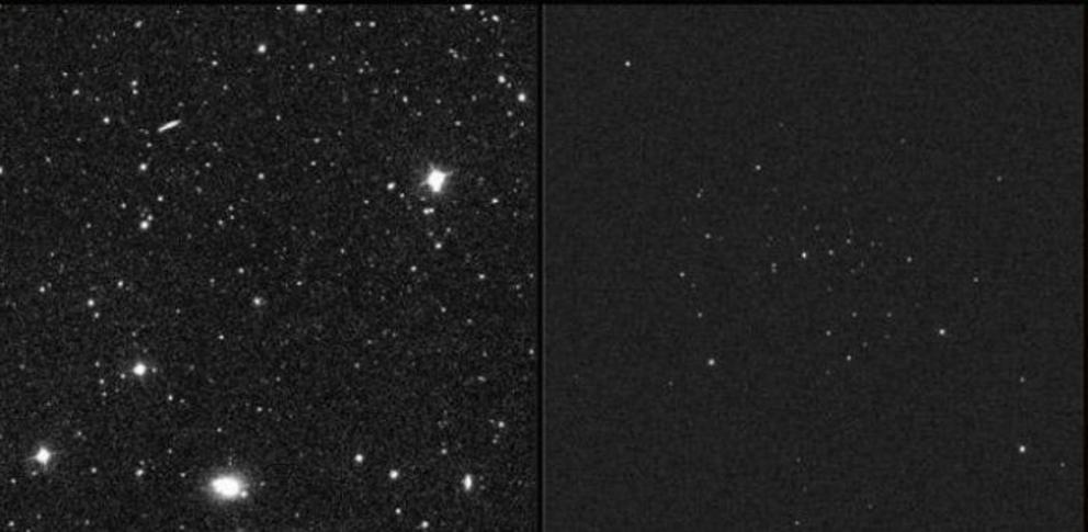 The region of sky where Segue 1 was found (left) and the galaxy itself (right).