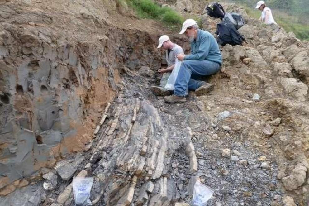 Sam Bowring (front) and former graduate student Seth Burgess inspecting the End-Permian extinction horizon at Penglaitan. Credit: Shuzhong Shen