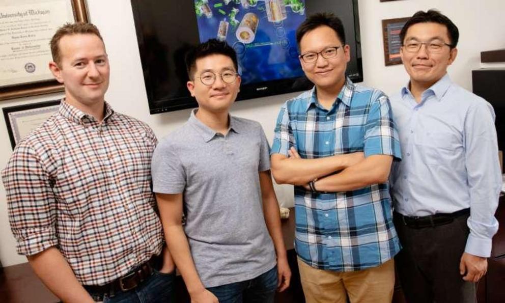 Professor of chemical and biomolecular engineering Simon Rogers, left, postdoctoral researchers Jun Pong Park and Yongbeom Seo and professor of chemical and biomolecular engineering Hyunjoon Kong led an international team that developed hydrogen peroxide-