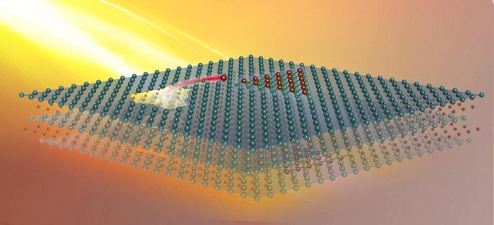 After a monolayer MXene is heated, functional groups are removed from both surfaces. Titanium and carbon atoms migrate from one area to both surfaces, creating a pore and forming new structures.  Credit: Oak Ridge National Laboratory, US Dept. of Energy; 