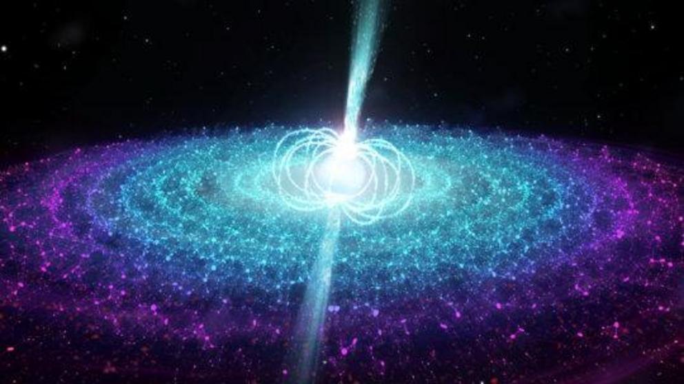 Artist's conception shows magnetic field lines around neutron star, accretion disk of material orbiting the neutron star, and jets of material propelled outward.