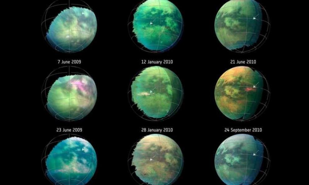 This compilation of images from nine Cassini flybys of Titan in 2009 and 2010 captures three instances when clear bright spots suddenly appeared in images taken by the spacecraft's Visual and Infrared Mapping Spectrometer.