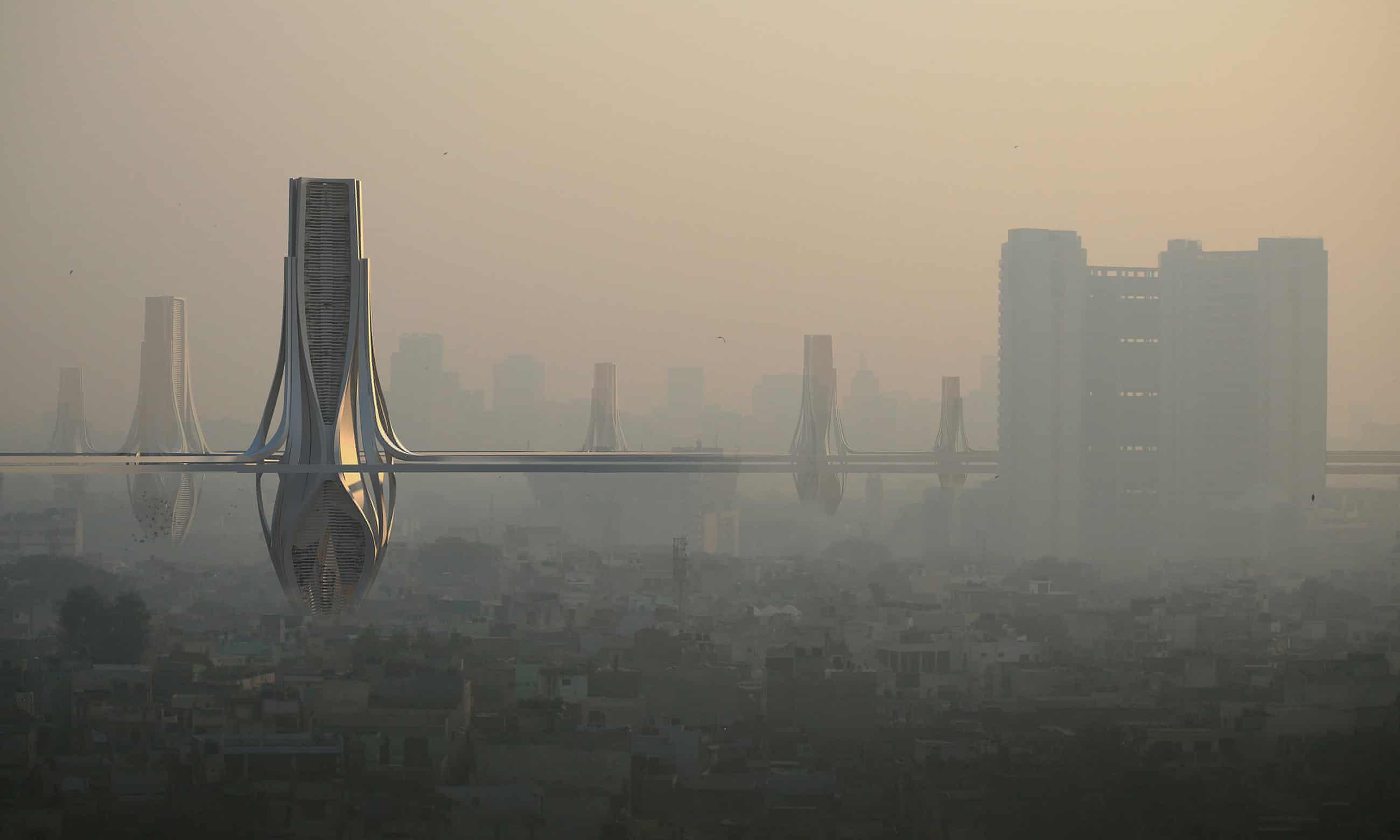 Городские воздух. Smog — башни, очищающие воздух в Дели, от Znera. Фотохимический смог. Состояние городского воздуха. Небоскребы экология загрязнение.