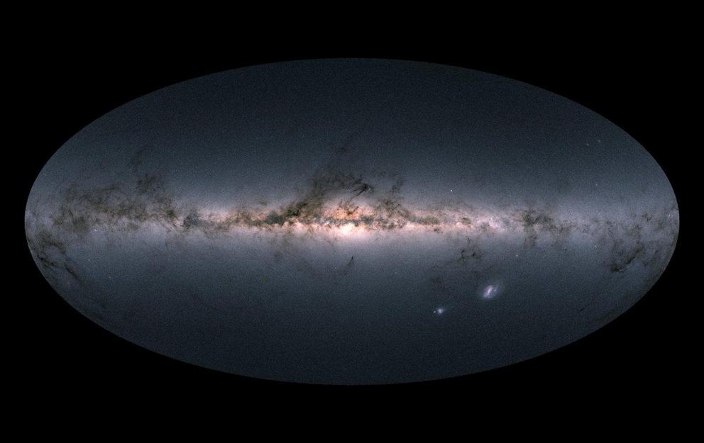 Gaia’s all-sky view of our Milky Way Galaxy and neighbouring galaxies, based on measurements of nearly 1.7 billion stars.