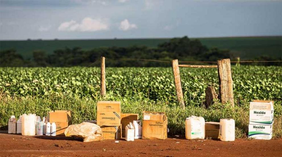 Various agrochemicals to be mixed and applied to the soy crop. Pesticides are rarely applied one at a time, but rather in toxic combinations whose interactions on people and the environment are largely unstudied.