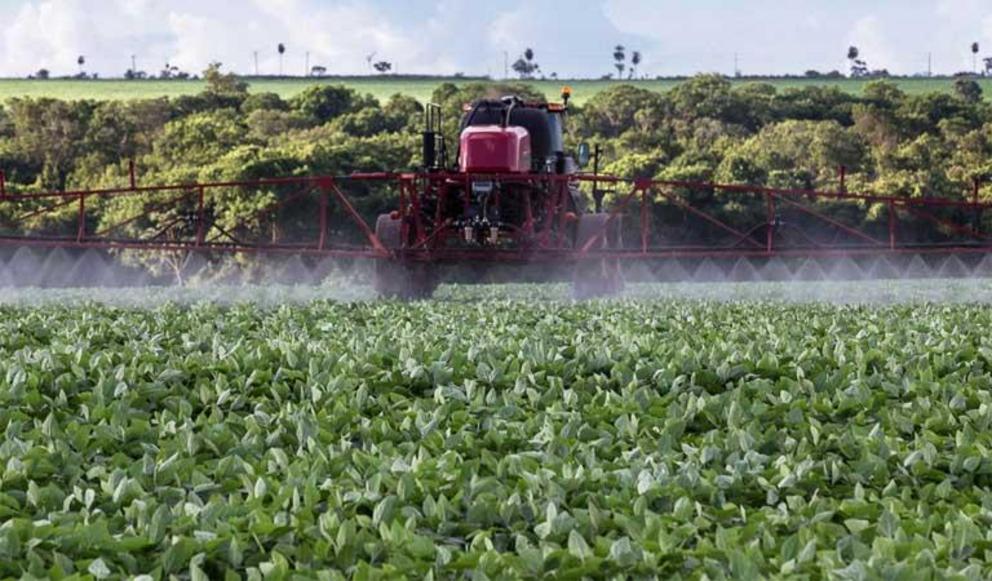 Pesticides being sprayed by tractor onto soy fields. In 2016, 4,208 cases of intoxication by exposure to pesticides were registered across Brazil – the equivalent of 11 per day (killing 355 people).