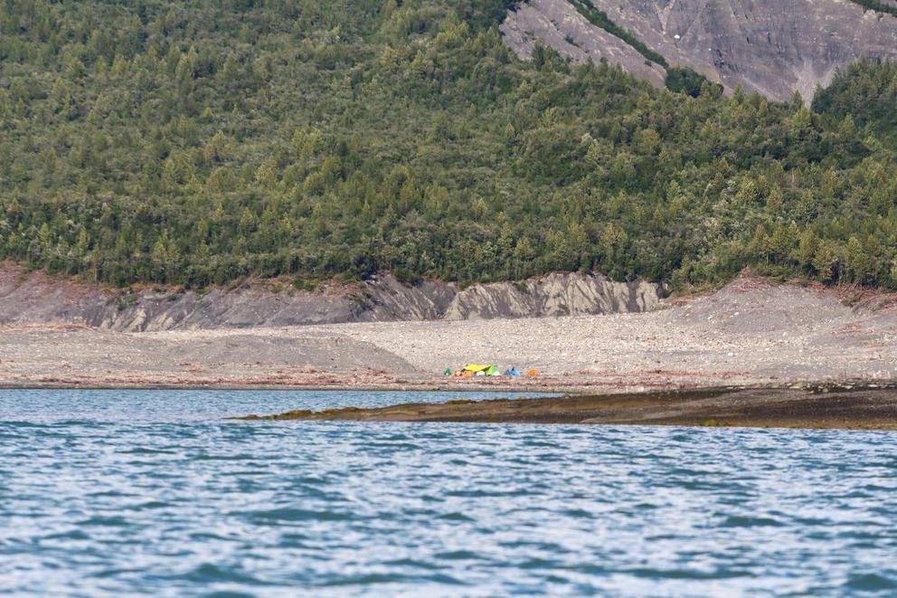 This section of coast along Taan Fjord is relatively flat, with broad alluvial fans. When a tsunami swept across them in 2015, it stripped the surface of vegetation, leaving 