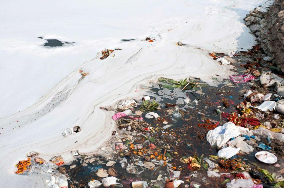 Toxic waste and trash are seen in the Yamuna river in New Delhi, India, Nov. 20, 2015.