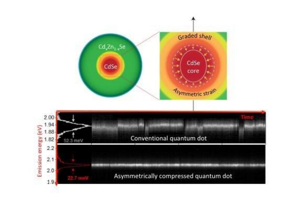 Novel colloidal quantum dots are formed of an emitting cadmium/selenium (Cd/Se) core enclosed into a compositionally graded CdxZn1-xSe shell wherein the fraction of zinc versus cadmium increases towards the dot's periphery. Due to a directionally asymmetr