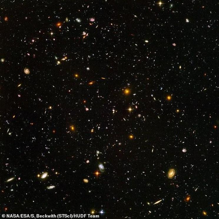 This view of nearly 10,000 galaxies is called the Hubble Ultra Deep Field.
