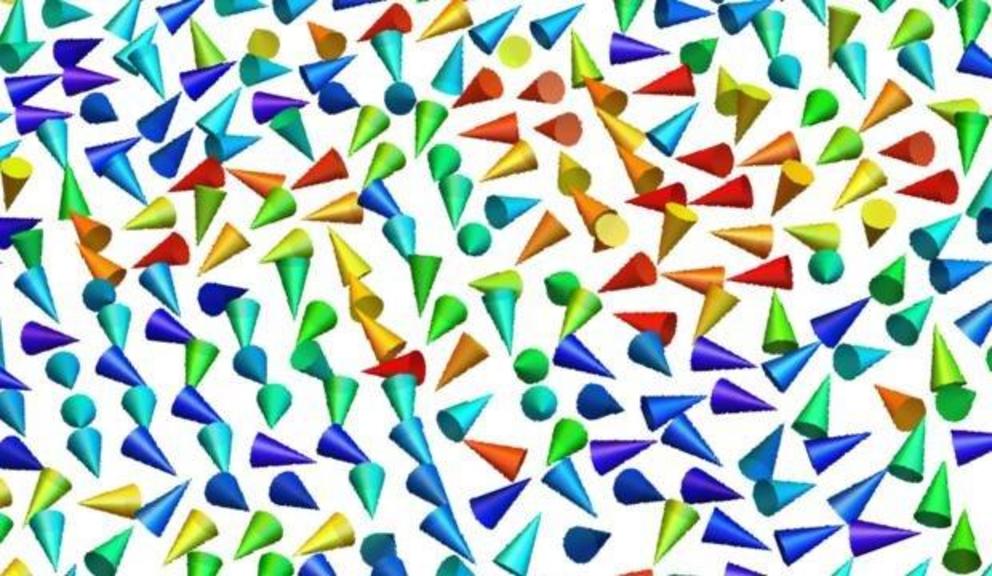 The cones represents the magnetization of the nanoparticles. In the absence of electric field (strain-free state) the size and separation between particles leads to a random orientation of their magnetization, known as superparamagnetism.  Credit: HZB