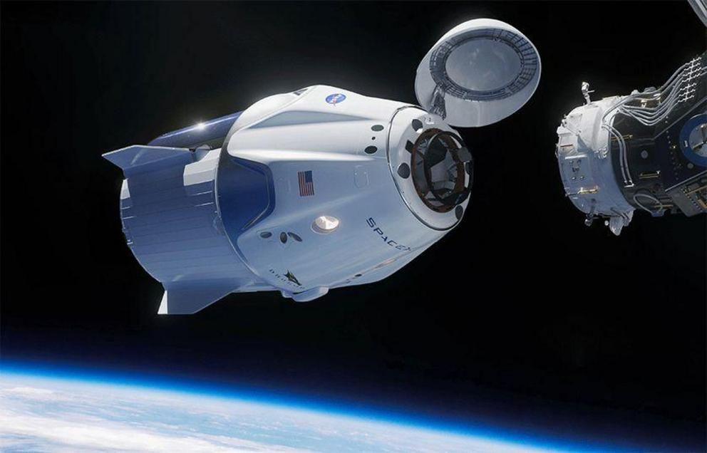 An illustration of the SpaceX Crew Dragon docking with the International Space Station.
