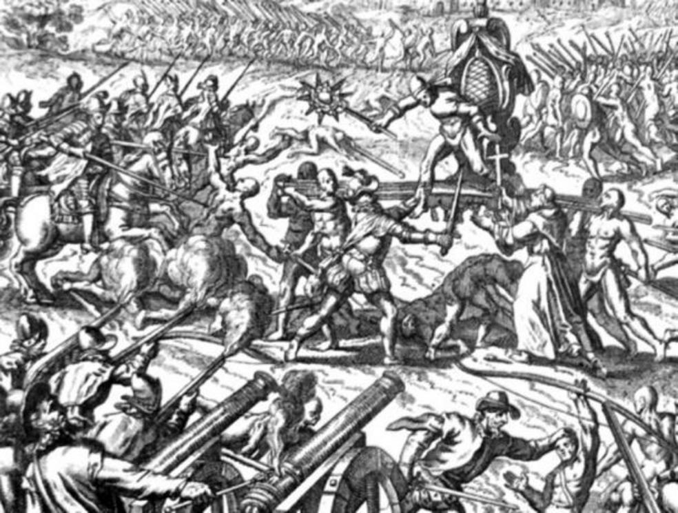 Engraving of the Battle of Cajamarca, showing Emperor Atahualpa surrounded on his palanquin.