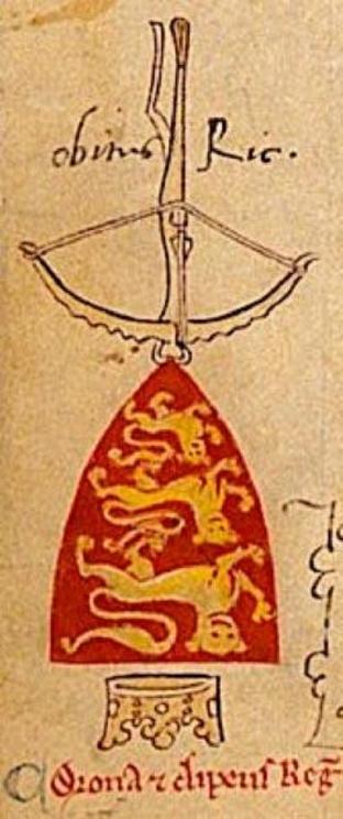 Inverted coat of arms of Richard the Lionheart, indicating his death, from a manuscript of  Chronica Majora.