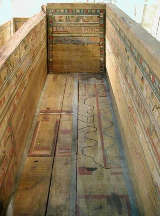 Middle Kingdom sarcophagus with Coffin Texts and a map of the underworld painted on its panels.