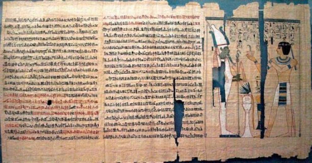Part of the Book of the Dead of Pinedjem II. The text is hieratic, except for hieroglyphics in the vignette.