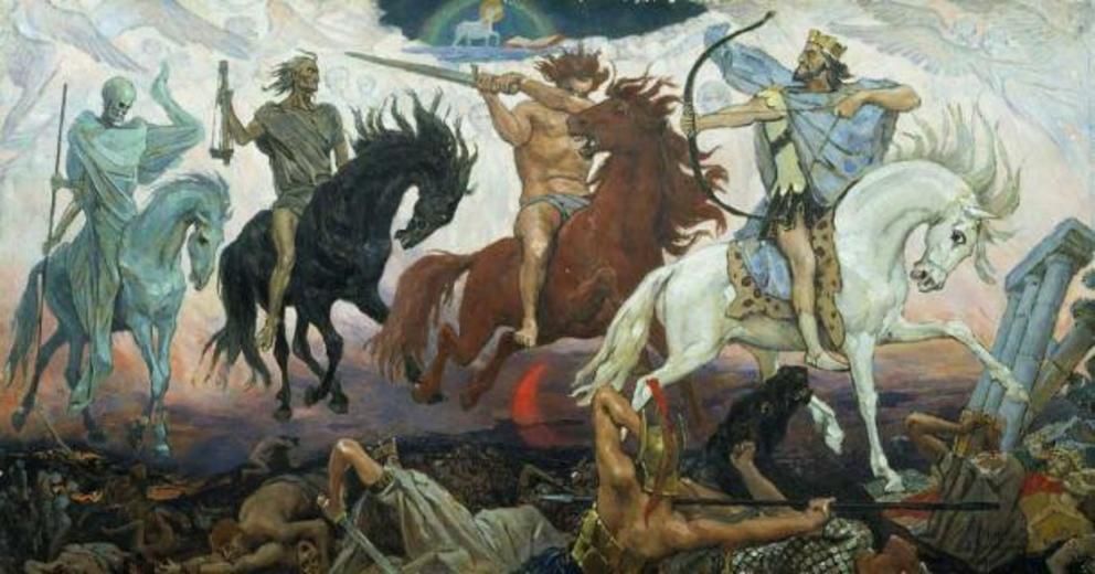 Each of the Four Horsemen of the Apocalypse represent different aspects of the cleansing of the earth, by Russian painter Viktor Vasnetsov.