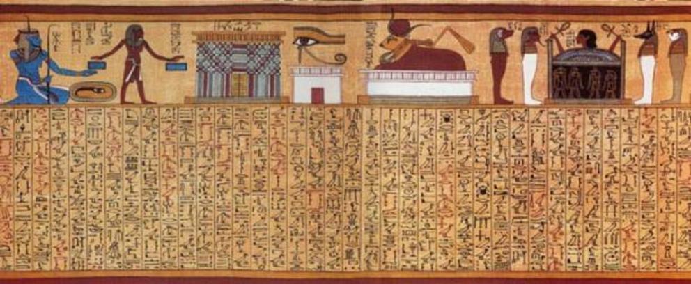The mystical Spell 17, from the Papyrus of Ani. The vignette at the top illustrates, from left to right, the god Heh as a representation of the sea; a gateway to the realm of Osiris; the Eye of Horus; the celestial cow Mehet-Weret; and a human head rising