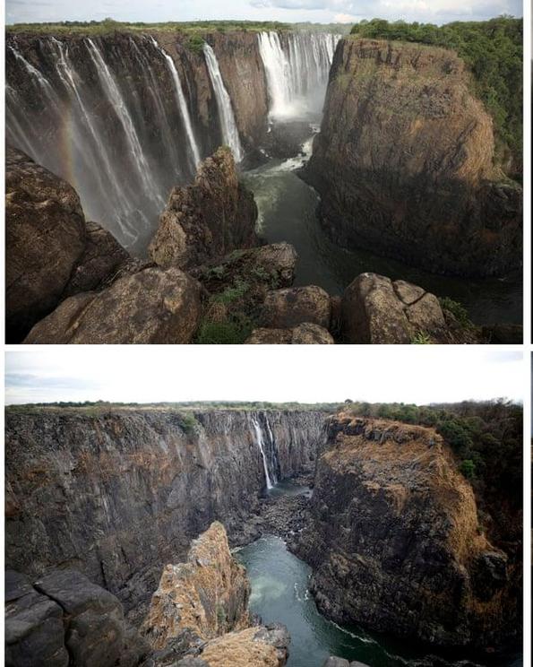 A combination photo of water flowing down Victoria Falls (top) and during the current drought.