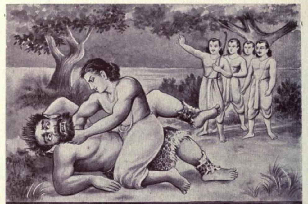 Death of the rakshasa Hidimba as illustrated in an edition of the Mahabharata epic. He was said to have been 8 cubits (4 meters) tall.