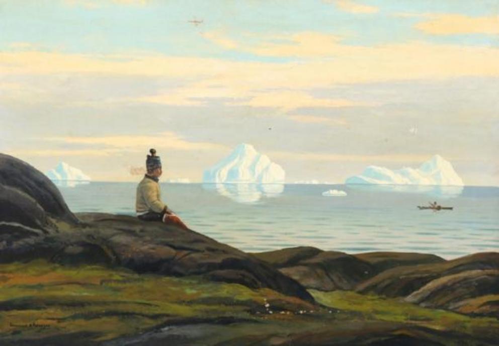 Landscape from Greenland with Inuit woman looking at the sea by Emanuel Petersen.