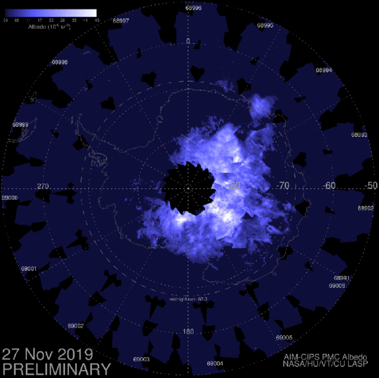 Dec. 4, 2019: An atmospheric wave nearly half as wide as Earth itself is supercharging noctilucent clouds (NLCs) in the southern hemisphere. NASA’s AIM spacecraft detected the phenomenon in this series of south polar images spanning Nov. 27th through Dec.