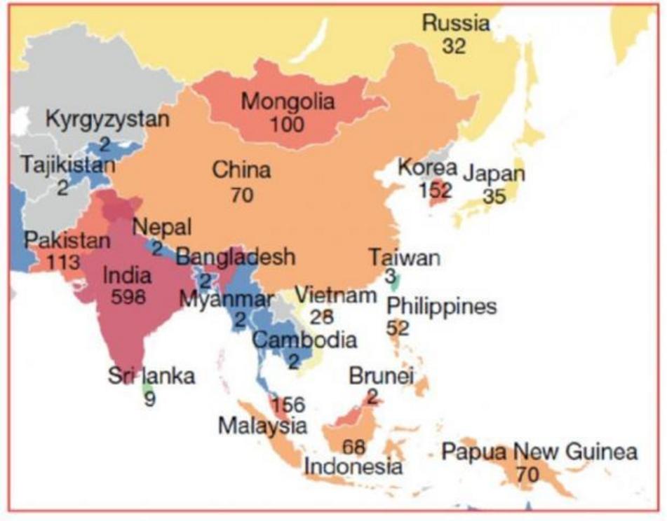 Map showing the locations of Asian populations featured in the new study, along with the total number of individuals from each area.