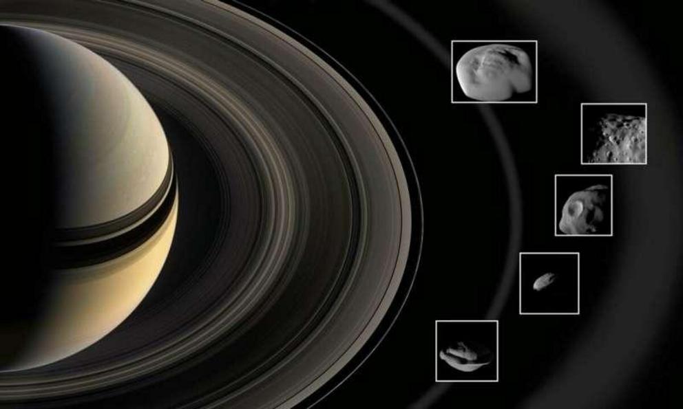 This graphic shows the ring moons inspected by NASA's Cassini spacecraft in super-close flybys. The rings and moons depicted are not to scale.