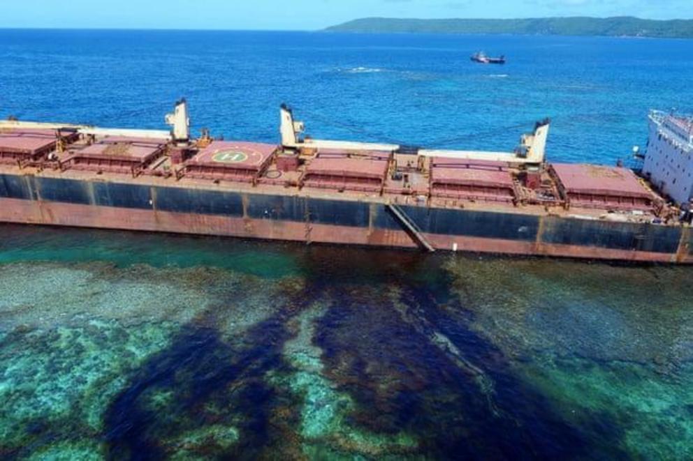 The MV Solomon Trader along the coastline of Rennell Island